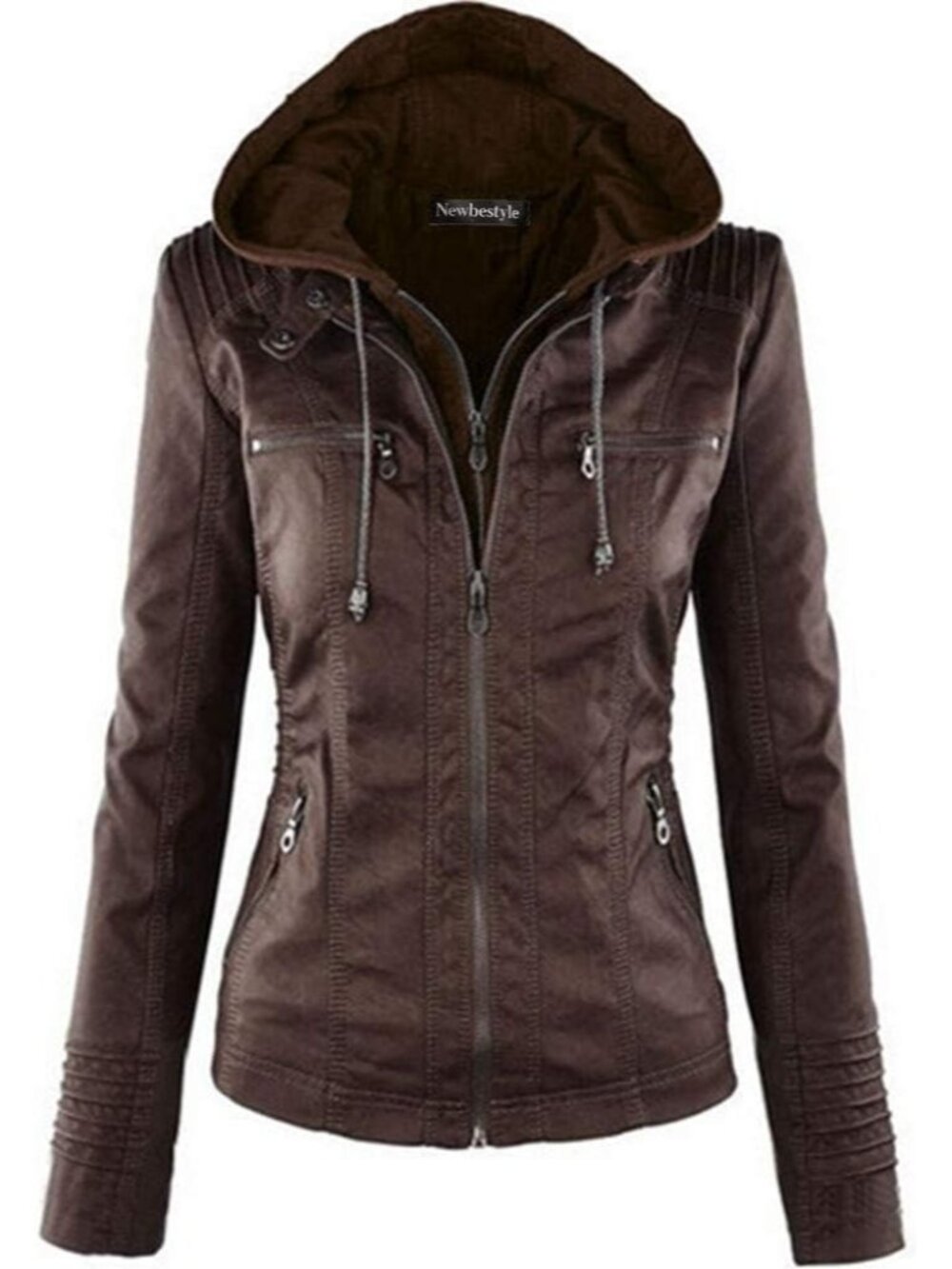 Women’s Dark Brown Hooded Faux Leather Motorcycle Jacket Zip Up Casual Biker Coa